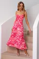 Elegant pink floral maxi dress featuring thin spaghetti straps and a sexy low-cut back design. - S / Dresses / Rose Red