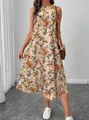 Full view of elegant floral sleeveless midi dress with pockets in casual setting - S / Top And Bottom / Earthy Yellow
