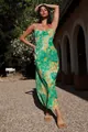 Elegant French style floral midi slip dress with thin spaghetti straps in green and yellow - S / Dresses / Green
