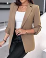 Elegant women's autumn solid color blazer with rolled sleeves in professional khaki brown - S / Tops / Khaki