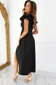 Elegant black midi dress featuring ruffle sleeves and a side slit shown from side - S / Top And Bottom / Black