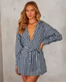 A stylish blue and white striped long-sleeved shirt dress featuring a V-neck and waist tie belt - S / Top And Bottom / Blue