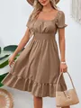 Elegant khaki square neck A-line dress with puff sleeves and smocked waist detail - S / Khaki