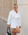 Fashionable white striped long sleeve mini shirt dress with a flattering tie-waist detail. - S / Top And Bottom / White