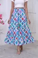 Jupe longue à volants bohème avec imprimé géométrique Ikat et cordon à pompons - S / Bas / Bleu