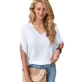 Elegante top bianco a maniche corte con scollo a V e delicato motivo traforato da donna - Taglia S / Top / Bianco