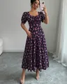Elegant purple floral short sleeve dress with square neck and puff sleeves detail. - Purple Floral (Black)