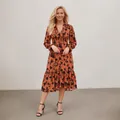 Bohemian orange floral midi dress with V-neck, long sleeves and smocked waist. - S / Top And Bottom / Rainbow