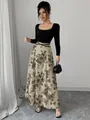 Full view of elegant square neck long sleeve dress with floral pattern skirt for woman - S / Bottoms / Brown
