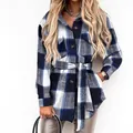 Elegant blue and white plaid woolen jacket with waist belt for women fall winter - S / Tops / Blue Plaid