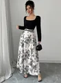 Elegant square neck long sleeve floral print patchwork maxi dress for women - S / Bottoms / Apricot