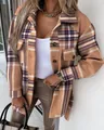Stylish brown and white plaid woolen shacket jacket with waist belt for women - S / Tops / Khaki Plaid