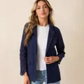 Dunkelblaue Damen-Jacke mit Lochstickerei, schmale Passform und eleganter Reverskragen - Blau
