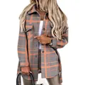 Stylish orange and blue plaid wool-mix shacket jacket for women with matching waist tie - S / Tops / Orange Plaid