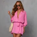 Vibrant pink long-sleeved shirt dress featuring a waist tie and stylish button-down front - S / Top And Bottom / Rose Red