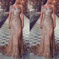 Elegant one-shoulder gold sequin evening gown with high slit and floor-length hem - S / Tops / Gold