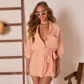Elegant peach long-sleeved shirt dress with waist tie and button front - S / Top And Bottom / Peach