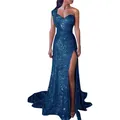 Elegant deep blue sequin one-shoulder evening gown with high thigh slit and mermaid train - S / Tops / Dark Blue