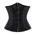Detailed front view of a black satin sexy ladies corset with metal busk closure. - S / Black