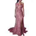 Detail showing the rose gold sequin texture and high slit design on this elegant evening dress - S / Tops / Rose Gold