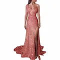 Elegant rose gold one-shoulder sequin evening gown with high slit and train - S / Tops / Rose Gold