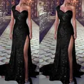 Elegant one-shoulder black sequin evening gown with high slit for banquet events - S / Tops / Black