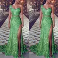 Close-up of green one-shoulder sequined evening dress with high leg slit - S / Tops / Green