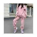 Comfortable two-piece women's pink sportswear tracksuit set with hoodie and joggers - S / Top And Bottom / Pink