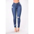 Vaqueros ajustados elásticos de talle alto para mujer con detalles rotos de tendencia - S / Bottoms / Azul marino