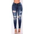 Vaqueros pitillo de tiro alto con rotos en las rodillas y ajuste ceñido para mujer azul - L / Bottoms / Azul Desgastado