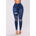 Vaqueros pitillo rotos de cintura alta para mujer en denim azul oscuro con flecos - S / Bottoms / Azul Muy Oscuro