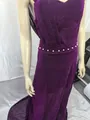 Elegant purple glitter one-shoulder evening gown with white pearl waist embellishment - S / Tops / Purple