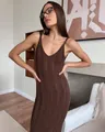Elegant brown knitted sleeveless V-neck camisole maxi dress for summer fashion - S / Tops / Coffee
