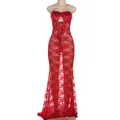 Elegantes rotes Maxikleid mit Schnürung und trägerlosem, transparentem Netzdesign für Damen - S / Unterteile / Rot