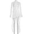 Detailed front view of an elegant white lace dress with flared sleeves and irregular hem - S / Tops / White
