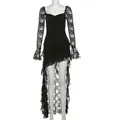 Elegant black lace mesh dress with asymmetrical hem and bell sleeves on mannequin - S / Tops / Black