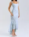 Elegant sleeveless light blue floral lace bodycon dress with asymmetrical fishtail hem - S / Top And Bottom / Light Blue