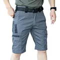 Front view of men's gray tactical cargo shorts with multi-pocket design and belt - S / Bottoms / Gray