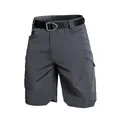 Detailed view of dark grey outdoor tactical cargo shorts with utility pockets and belt. - S / Bottoms / Gray