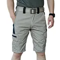 Detail view of khaki tactical cargo shorts with durable ripstop fabric and large side pockets - S / Bottoms / Khaki