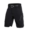 Detail shot of black tactical cargo shorts with a sturdy belt and zipper pocket. - S / Bottoms / Black