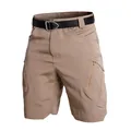 Close-up detail of men's khaki outdoor cargo shorts with multi-pockets and a tactical belt - S / Bottoms / Khaki