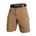 Detail view of khaki men's outdoor tactical cargo shorts featuring a black nylon belt. - Dark Khaki