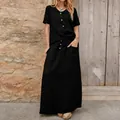 Casual black cotton linen two-piece set with button-down top and long pocketed maxi skirt - S / Top And Bottom / Black