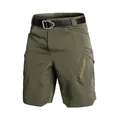 Close-up of olive green tactical cargo shorts with multi-pockets and tactical belt - Army Green