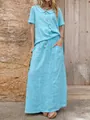 Summer light blue cotton linen two-piece set featuring short sleeve top and long skirt - Lake Blue