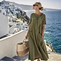 Robe longue d'été vert olive élégante avec nœud et poches pour un look de vacances - Vert Militaire