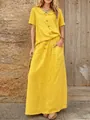 Casual yellow cotton linen two-piece set for women featuring a button-up top and maxi skirt - Yellow