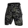 Men's outdoor camouflage tactical cargo shorts with belt and zipper pocket detail - Camo Black