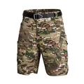 Detailed view of men's camouflage tactical cargo shorts with multi-pockets and belt - Jungle Camouflage